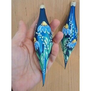 Glass Teardrop Christmas Ornaments Blue Glitter Hand Painted Signed by Artist